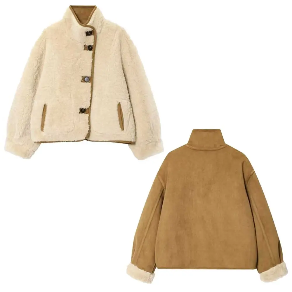 

Woman's Warm Loose Cropped Jacket Stand Up Collar Long Sleeved Single Breasted Pocket Color Blocked Jacket Autumn New Chic Top