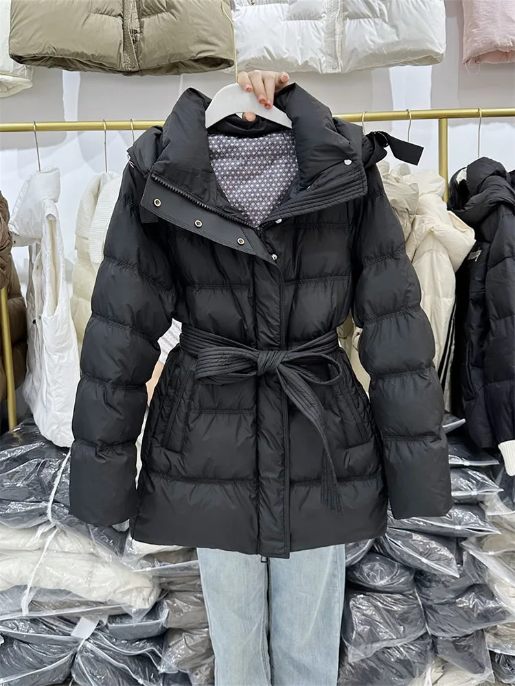 

Women White Duck Down Jacket with Hood Autumn Winter Warm Office Lady Outwear Fashionable Coat Belt 2025 New