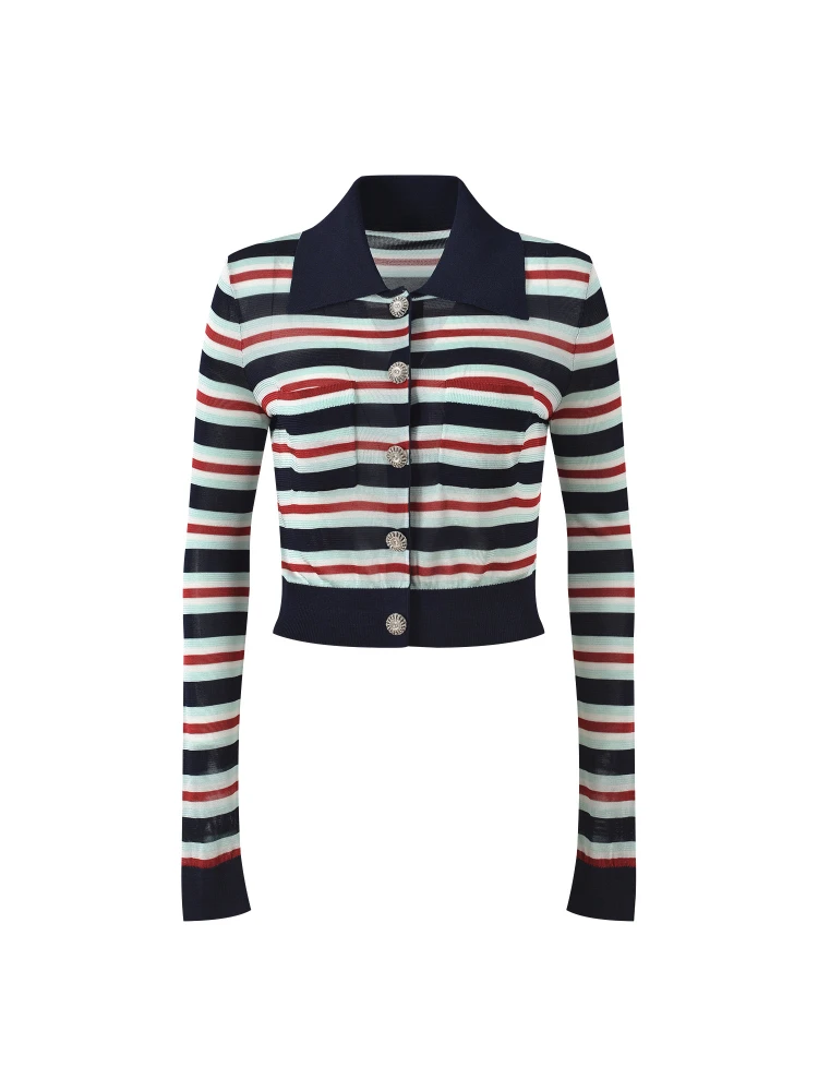 

High-End Version SE Red Blue Color Blo Stripe Collar Slim Fit Long Sve Knitted Open Cardigan Top European French Design ...