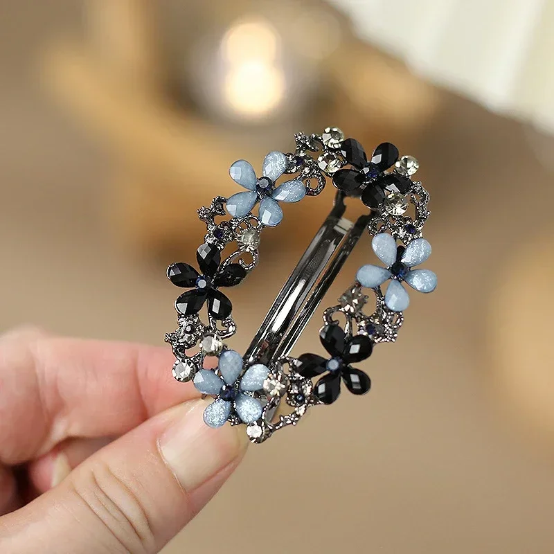 Korean Style Crystal Flower Spring Hairpin Vintage Elegant Ink Blue Rhinestone Ponytail Holder Top Clip Ladies Fashion Hairpin