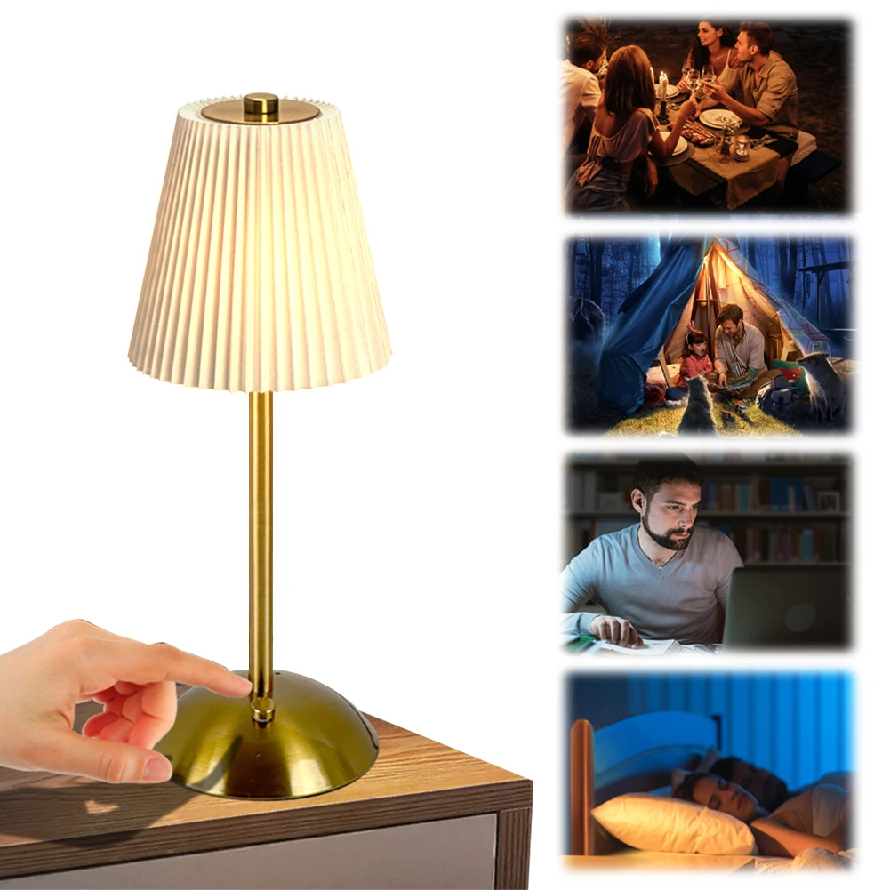 

Беспроводная настольная лампа с регулируемой яркостью, спальный светильник, перезаряжаемая от USB, портативная металлическая настольная лампа с плиссированным абажуром для кемпинга на открытом воздухе