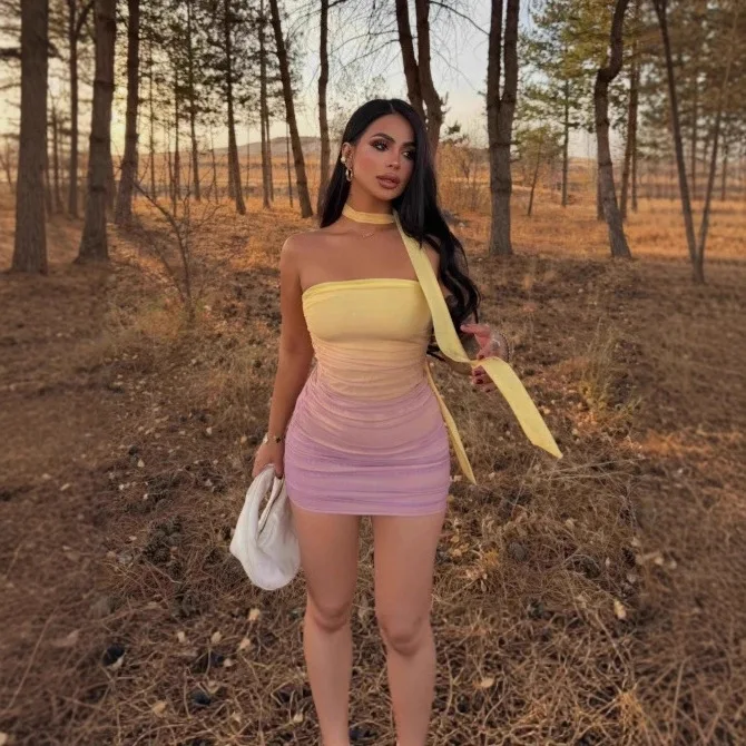 

Градиентное платье-бюстье мини-длины, облегающее, для вечеринок в ночных клубах, сексуальное, модное, 2026, с воротником-халтер, клубное, для выпускного вечера