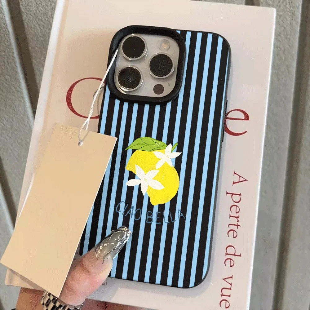 Koreanischer Stil Blaue Streifen Zitronen-Print Handyhülle für iPhone 17 16 15 14 13 12 11 Pro Max Plus 17 XR Silikon Matt Weiche Hülle – Detail 9