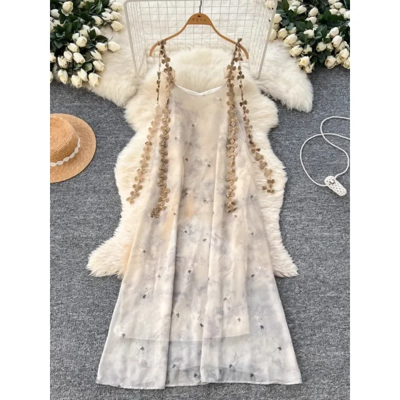 

Holiday Beach Loose Dress 2025 Summer New Fashion Temperament High Waist Slimming Printed Ribbon Chiffon Long Dress Vestidos