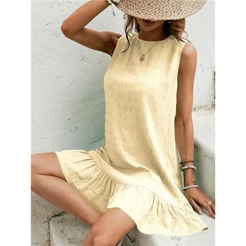 CGS-Women's Ruffle Hem Sleeveless Tank Dress Round Neck Casual Smock Summer Mini Dresses