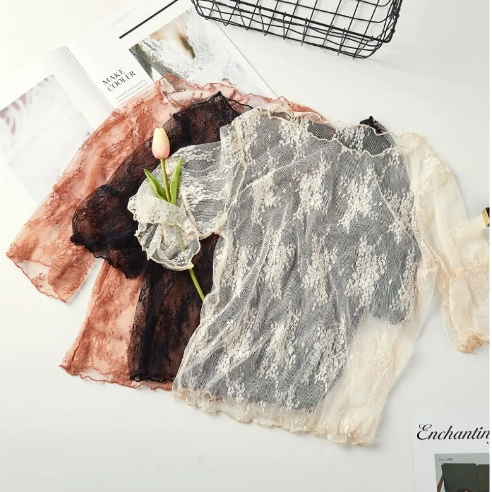 New Chiffon with Hollow Out Lace Backing Shirt See Through Short Sleeve Half Sleeve Blouse Mesh Top Ladies