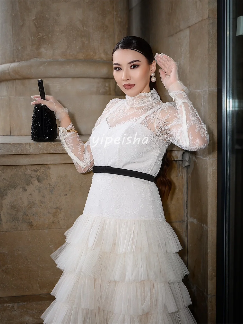 تخصيص مطابقة رائعة تول الطية المتدرج وشاح الدانتيل ألف خط عالية الياقة فساتين طويلة مخصصة فساتين المناسبات الموضة