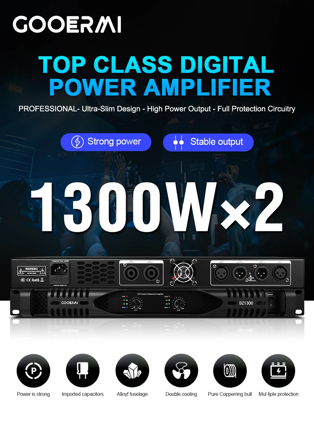 Gooermi DZ1300 1U مضخم رقمي 2 قناة 2*2000 واط مكبر كهربائي نظام صوت ستيريو برو الصوت فئة D مكبر للصوت للمرحلة #2