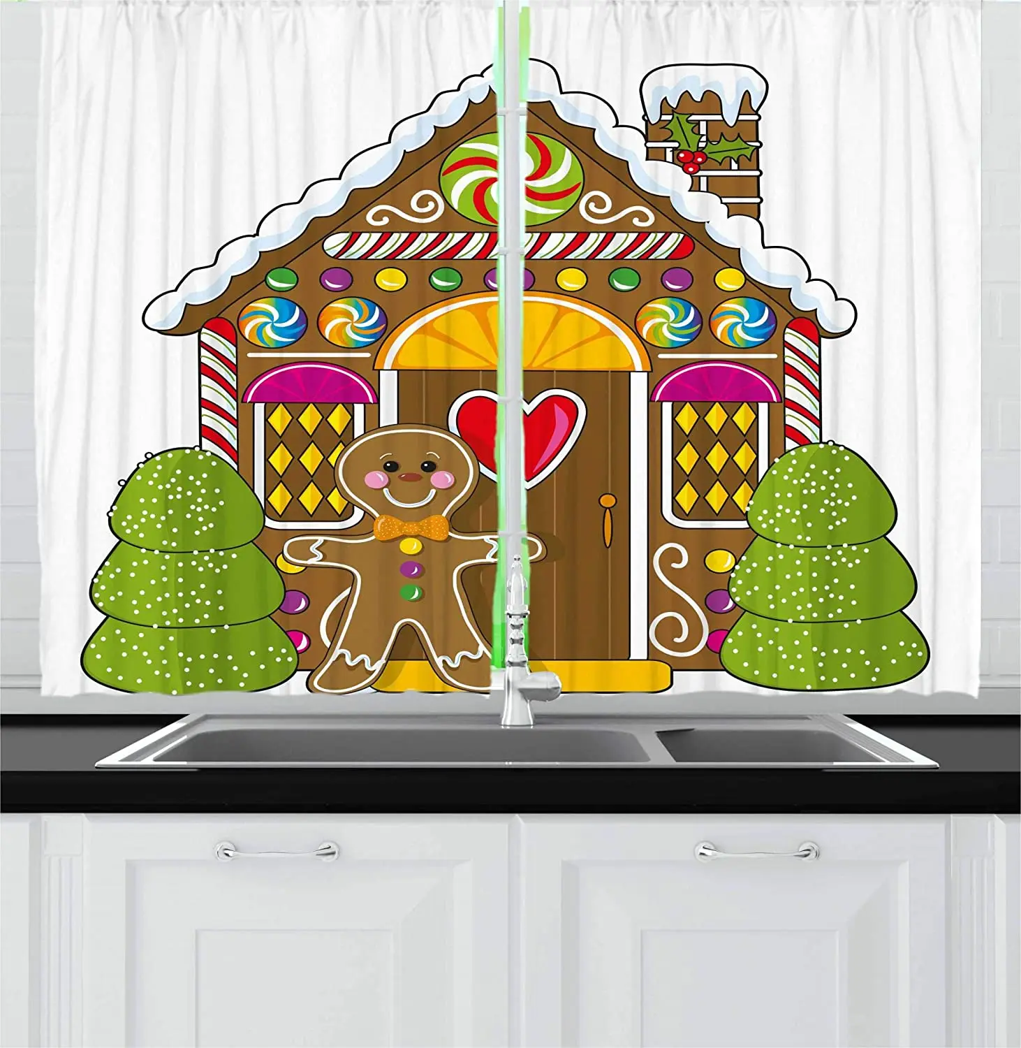 Blackout Curtains Gingerbread House Decorated with Colorful Candy People Figure Kitchen Cafe Curtains