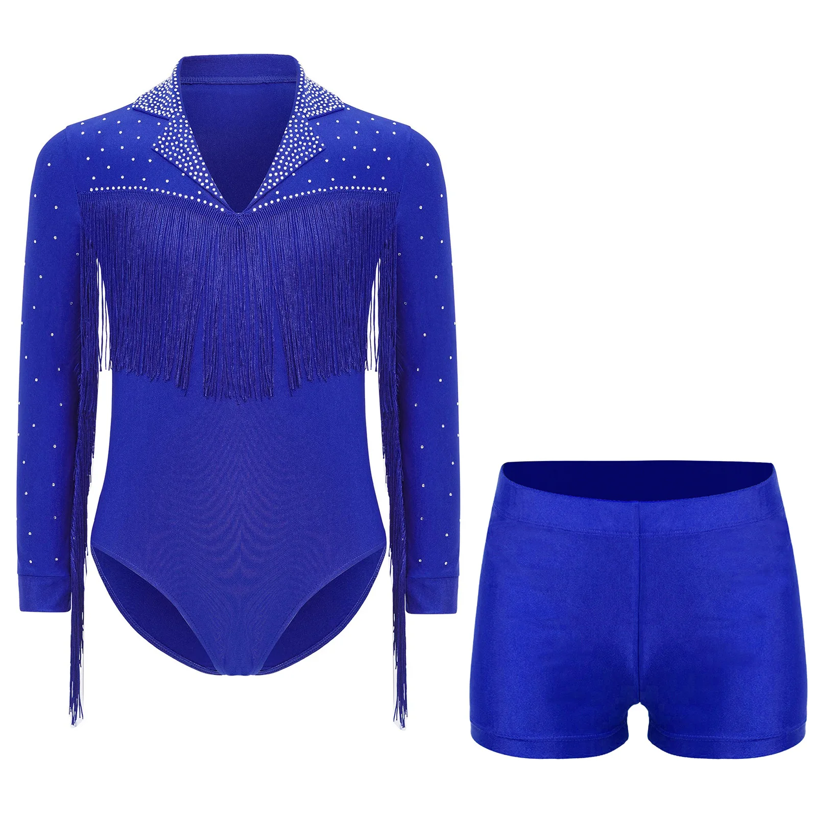 

2Pcs Kids Boys Girls Tassel Latin Dance Leotard Ballroom Modern Dancewear Long Sleeve Shiny Rhinestones Bodysuit+Shorts Skating