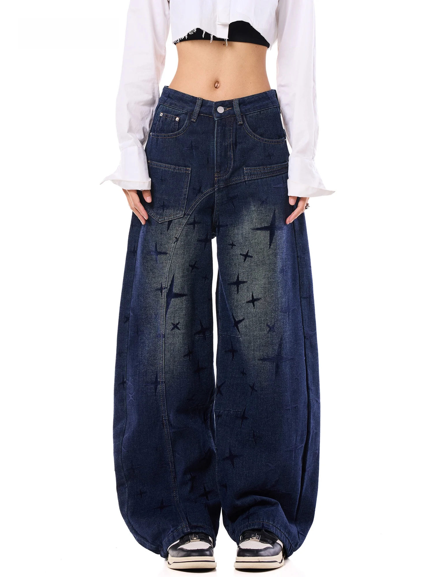 Blue Casual Wide Leg Jeans Women's Autumn Winter Star Embroidery Deconstructed Patchwork Loose Fit Casual Denim Trousers