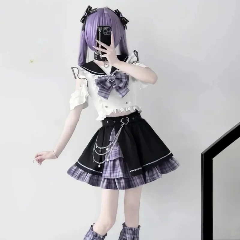 

Japanese Sweet Lolita Cosplay Gothic College Style Jk Uniform Y2k Dress Black Purple Patchwork Kawaii Top Skirt 2 Piece Set Set