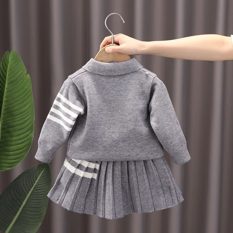 Infant Baby Girl Autumn Winter 2PCS Clothes Set Turn Down Collar Solid Knitted Sweater Tie Cotton Pleated Skirts Kid Girl Outfit