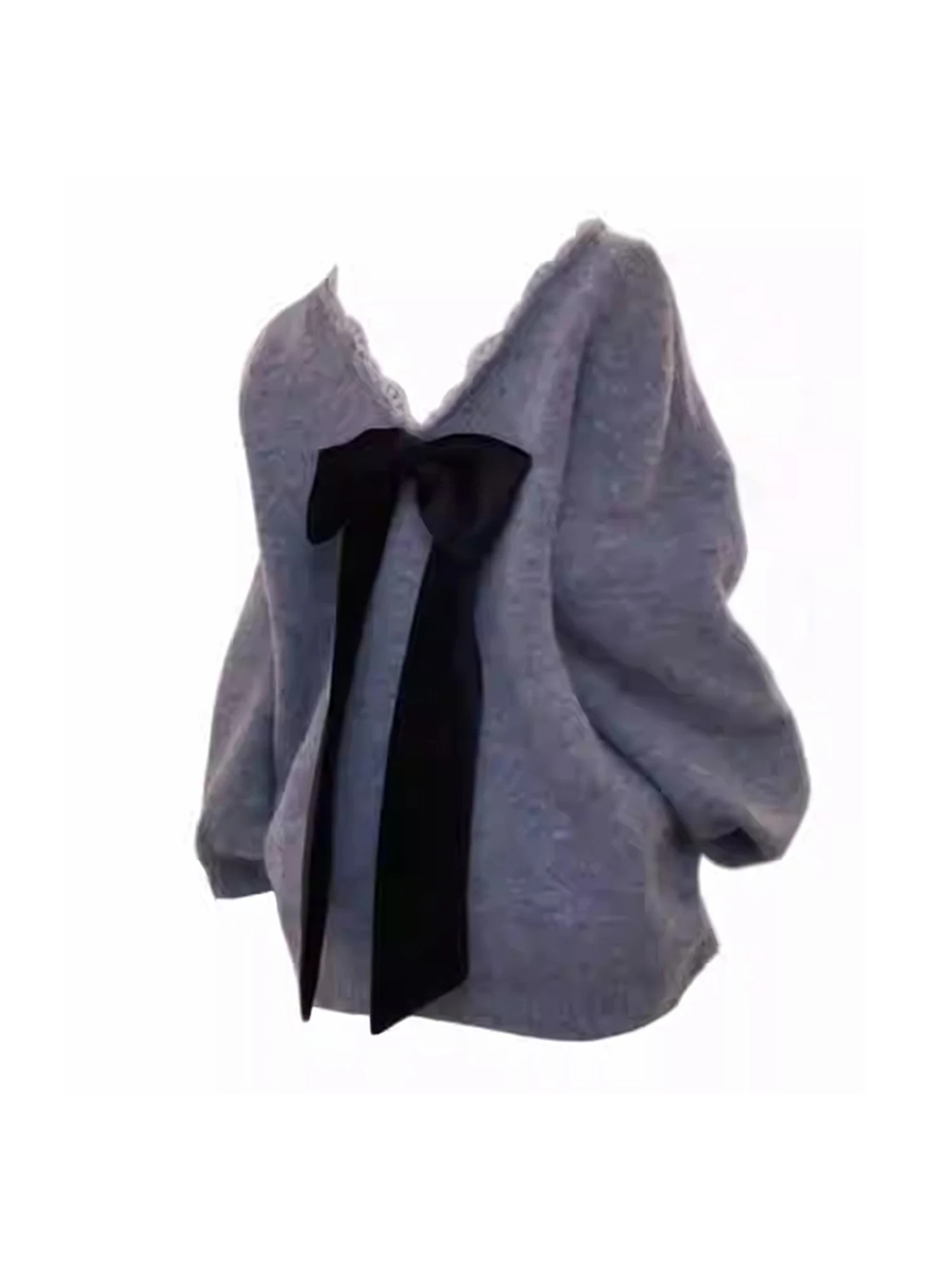 

Women's Grey V-Neck Bow Knit Pullover Loose Long Sleeve Sweater Harajuku Vintage 2000s Ladies Cashmere Sweater Cutecore Clothes