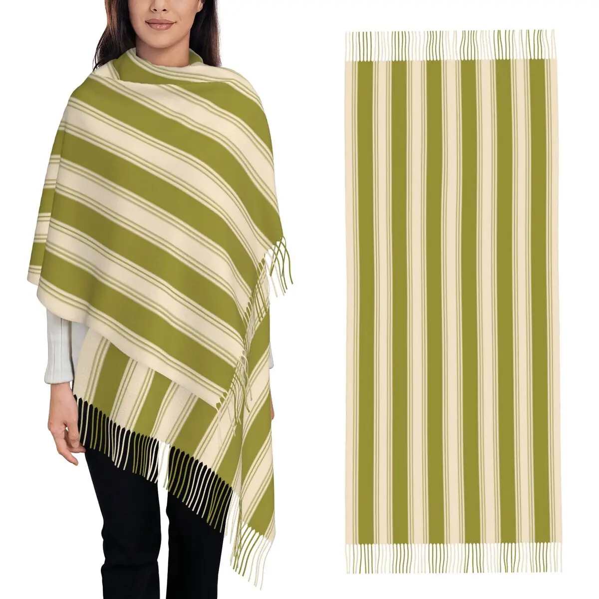 

Оливковый бежевый шарф с вертикальным полосатым узором, шарфы с кисточками, женские мягкие теплые шали и накидки, большая осенне-зимняя шаль