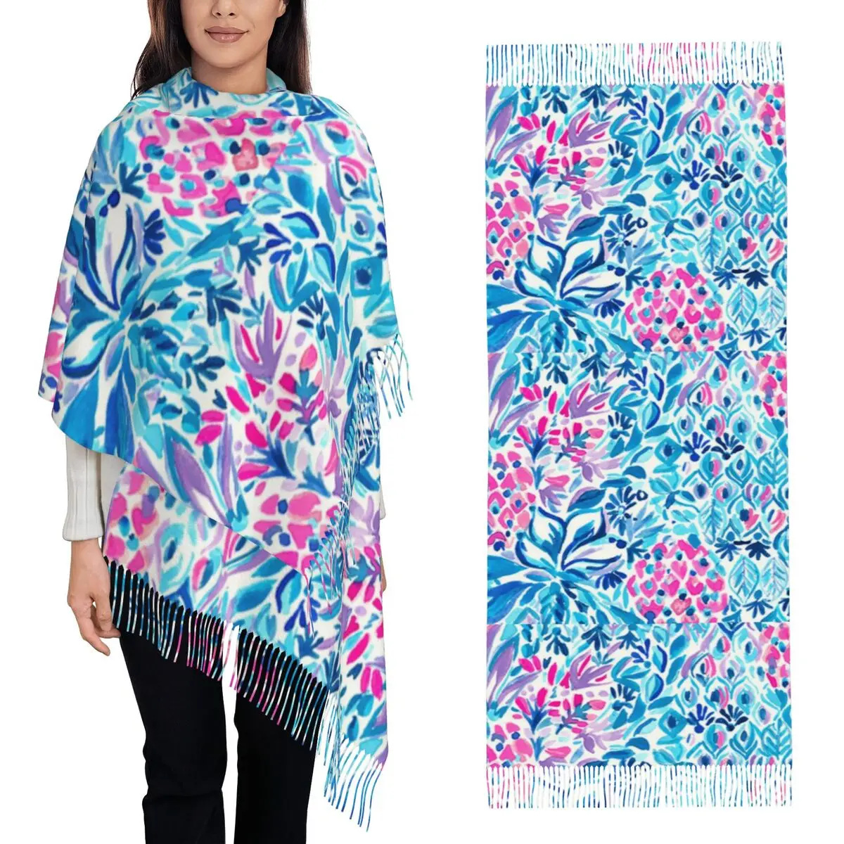 Blue L-Lily-S P-Pulitzer-S Natures Scarf Tassel Scarves for Women Soft Warm Shawls and Wraps Long Fall Winter Shawl Wrap