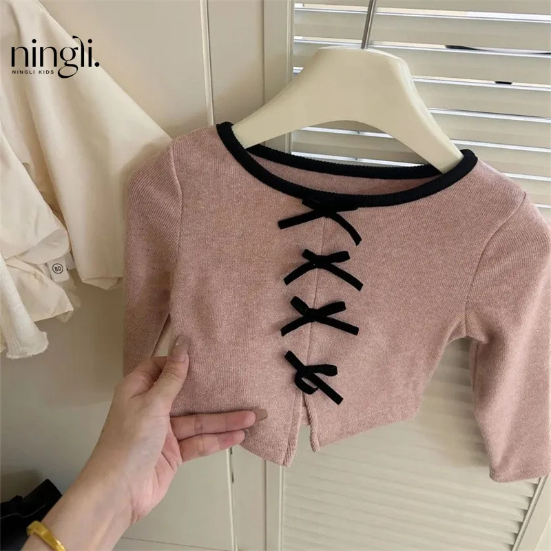 Girl T-shirt Autumn New 2024 Pink Bow Tops Velvet Solid Skirt Casual Simple Fashion Sweet Korean Active Vintage Princess Cute image 4