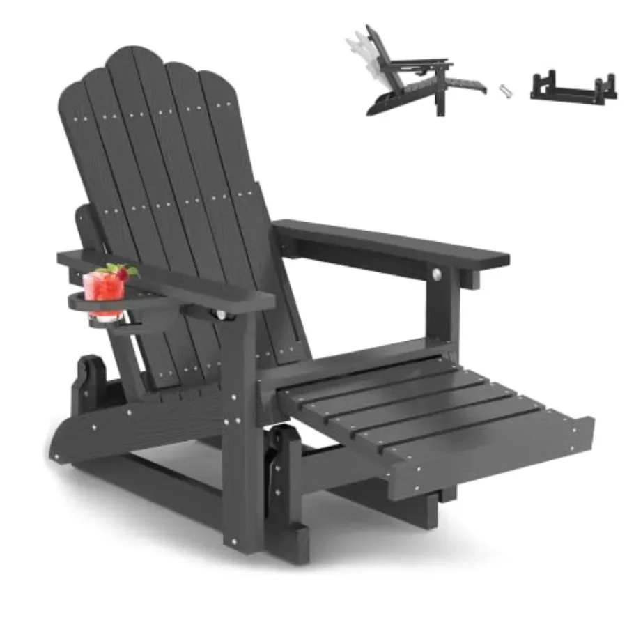 Adirondack Glider Chair with Retractable Ottoman, Adjustable Backrest for outdoor use, made of durable polywood in classic gray