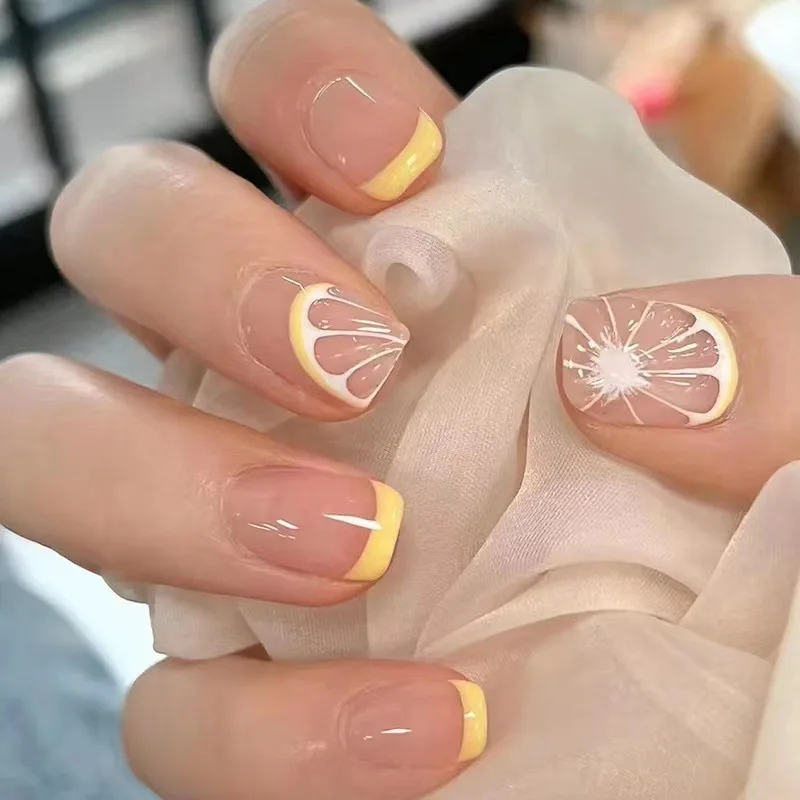 

24pcs Lemon Decorated False Nails with Design Self-nail Nails Press on Short Self-adhesive Stick-on Nails Square Nail Tips 2025