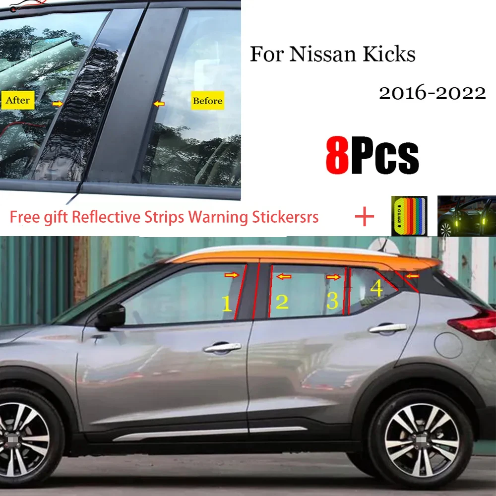 8 Buah Tiang Penyangga Berpoles Hitam Cocok untuk Nissan Kick 2016 - 2022 Penutup Trim Jendela Mobil Stiker Kolom BC Hiasan Krom