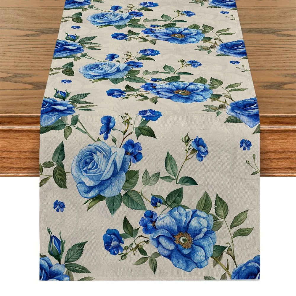 Blue Rose Flower Watercolor Table Runner Polyester Table Runners for Dining Room Cottagecore Polyester Table