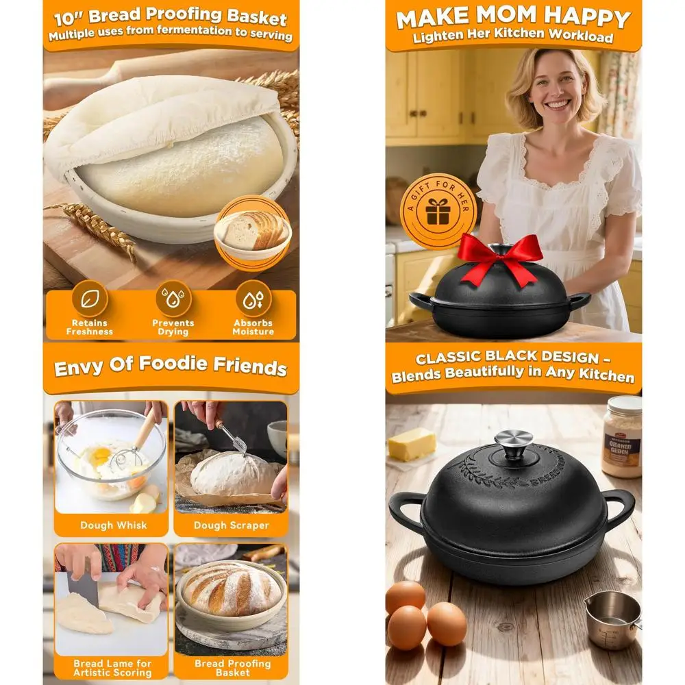 

Чугунная жаровня на 6 кварт с крышкой и полным набором для выпечки на закваске (банитон, инструменты для теста, силиконовый поддон)