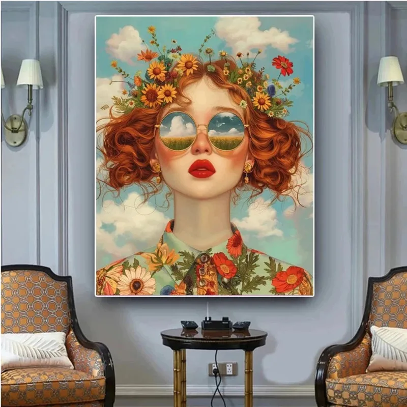 Beautiful Woman with Glasses Flower Posters and Prints on The Canvas Prints Modern Art Woman Wall Paintings Room Decor Picture