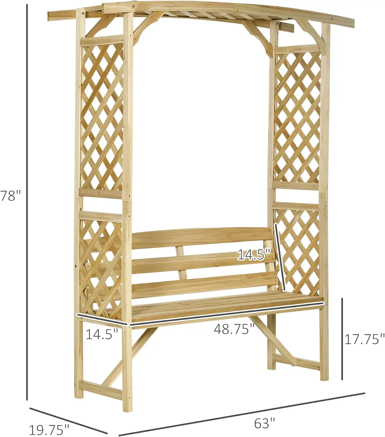 Patio Garden Bench Arbor Arch with Pergola & 2 Trellises, 3 Seat Natural Wooden Outdoor Bench for Grape Vines & Climbing Plants