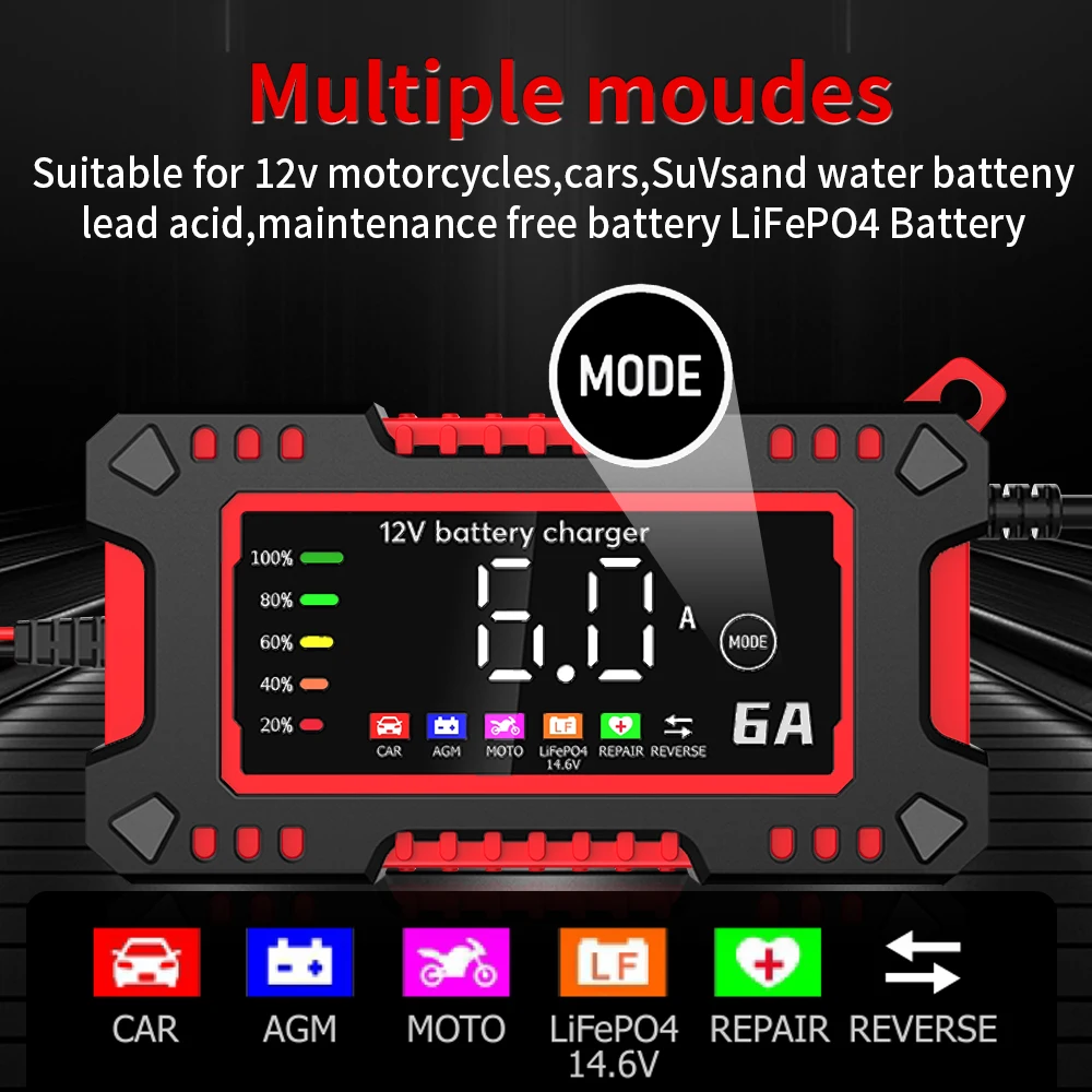 12V 6A Car Battery Charger 14.6V 6A Digital Display Electric Motorcycles Charger For LiFePO4 Lead Acid AGM Smart Battery Repair