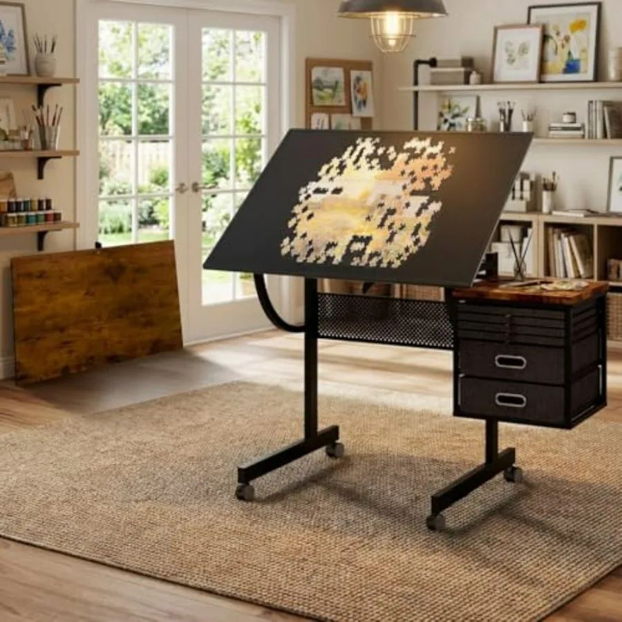 

Jigsaw Puzzle Table for Living Room Studio Office: Heavy Duty Steel Frame, Black, Adjustable Angle Height, 4 Trays + 2 Drawers
