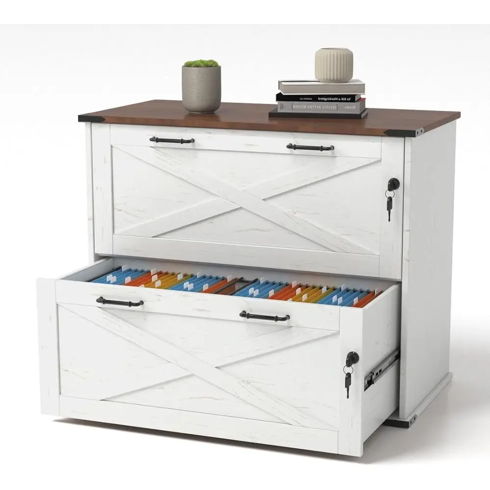 Rustic White & Brown Wooden Lateral File Cabinet with Lock, Home Office Letter/Legal Size Storage Organizer