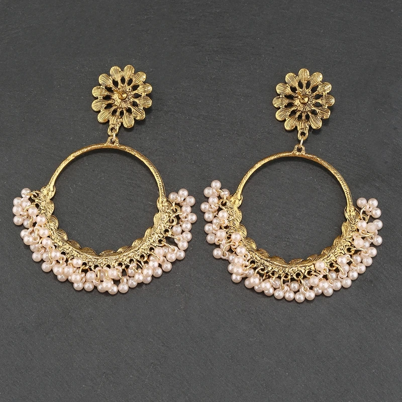 Luxury Coffee Zircon Indian Bride Wedding Earring Femmes Jhumka Jewelry Pearl Tassel  Crystal Flower Round Dangle s For Women