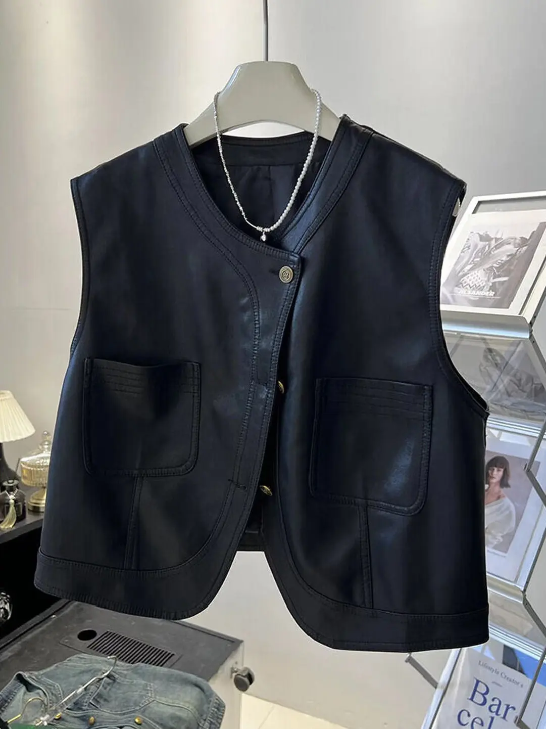 

High Quali Bla Leather Vest Women's Summer New Sle Single Button Svel Jaet Korean Sle Stand Fit round Ne
