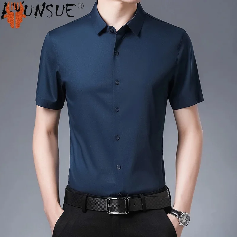 

Top 47% Mulberry Silk Shirt Men Clothing 22 Summer Male Social Non-iron Luxury Short Sleeve Coat Trend Large Size