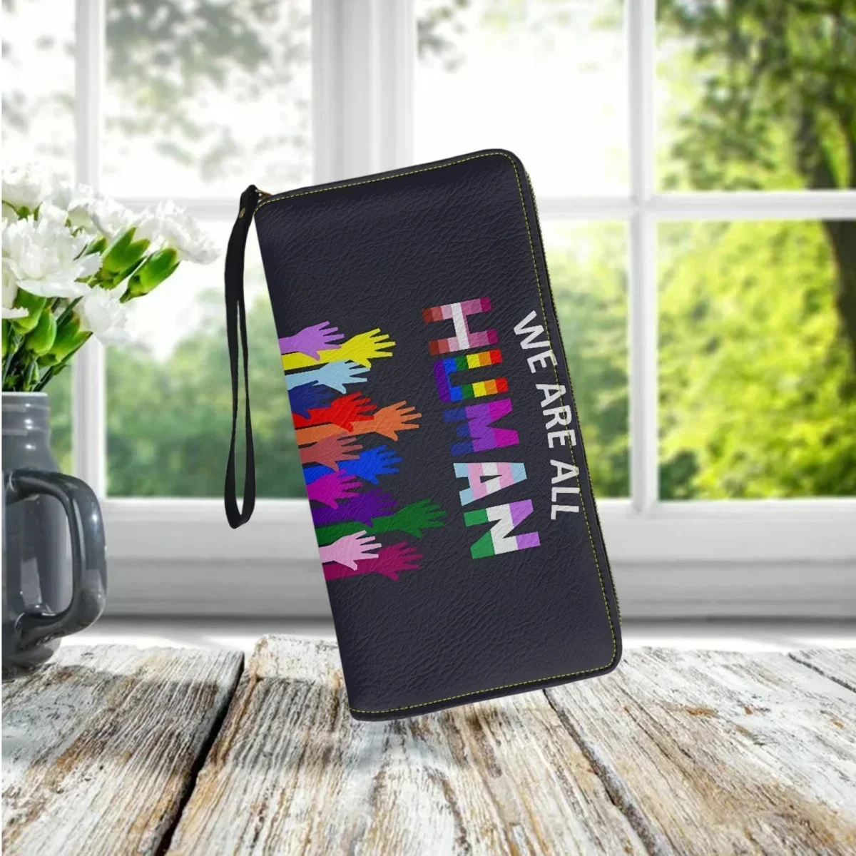 We Are All Human LGBT Gay Rights Pride Print Wallets Zipper Wristband PU Leather Party Clutch Commuter Shopping Coin Purse Gift