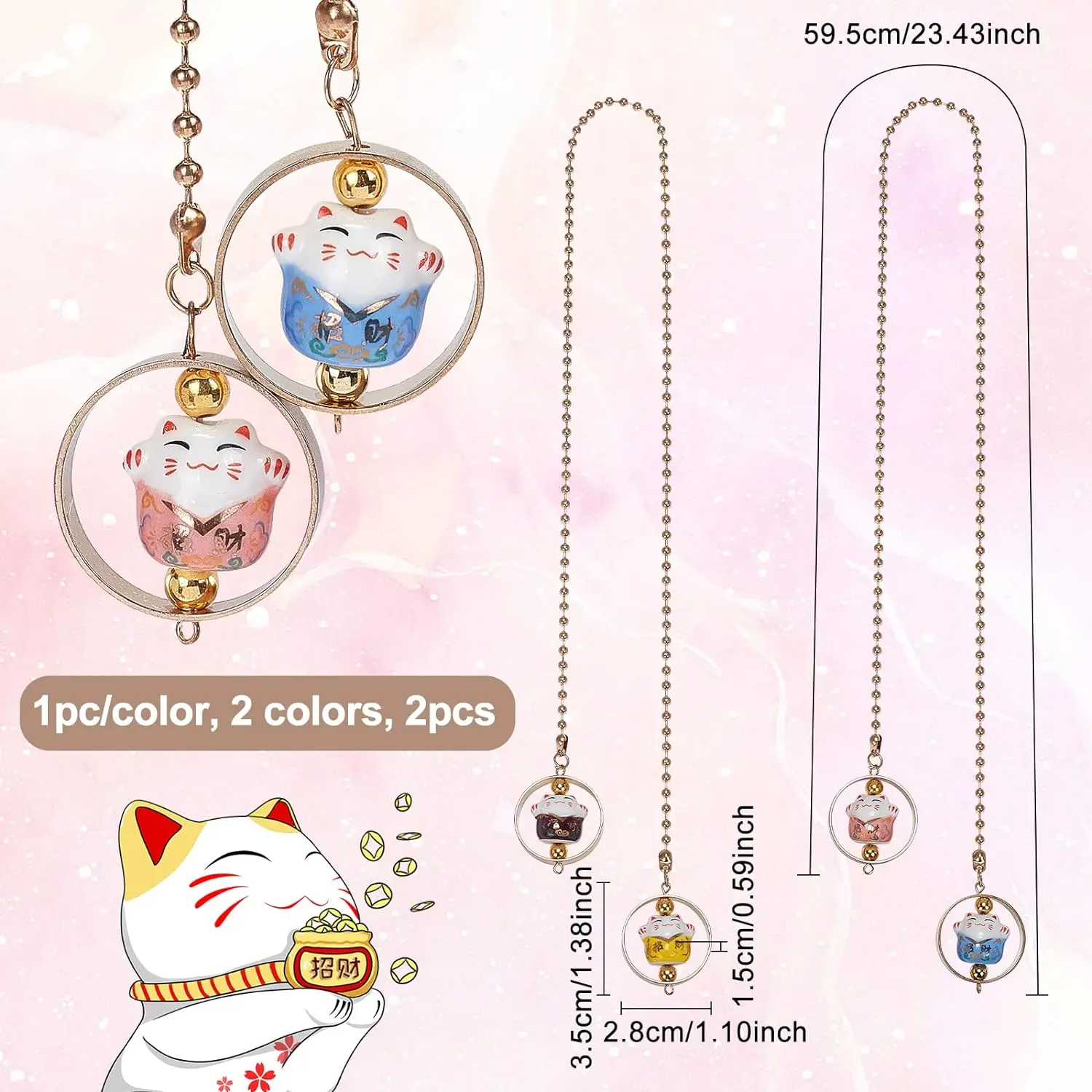 2pcs Lucky Cat Car Charm Car Rearview Mirror Hanging Pendant Ceramic Japanese Maneki Neko Cat Charms for Car Rear View