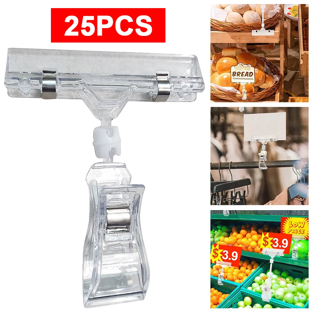 

25 Pcs Plastic Sign Holder Clip Clear Swivel Price Signs Clip Rotatable Merchandise Sign Clip for Price Tag Label Sign Display