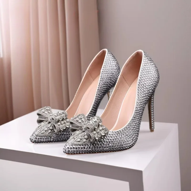 

New Silver Rhinestone Bowknot Bridal High Heels Spring Autumn Paired Wedding Dresses Banquets Vacations Elegant Women Shoes 43