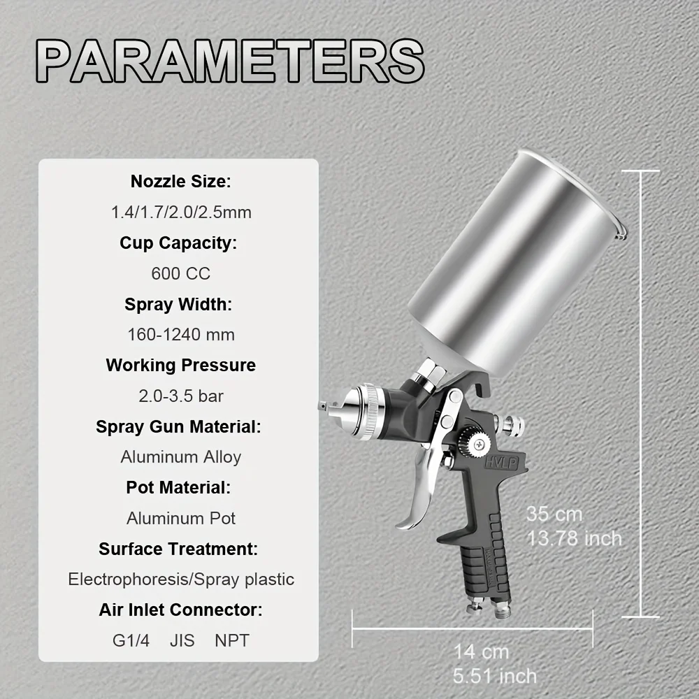 High Quality 1.4/1.7/2.0/2.5mm Nozzle Professional HVLP Spray Gun 1L  Aluminum Cup Multi-caliber Tips W/Air Regulator