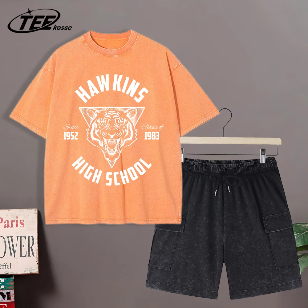 

Hawkins Since 1952 High School Printed Washed Men T-Shirt Casual Short Sleeve Set Cotton Streetwear Unisex Fashion Loose Suit