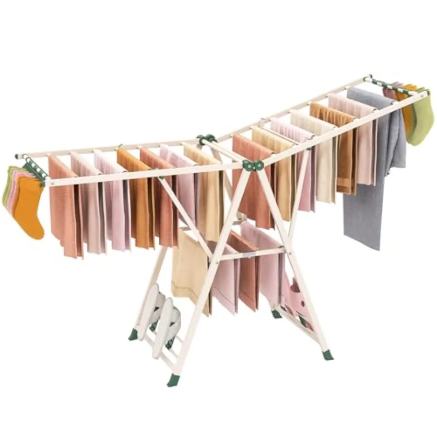 

Foldable Metal Clothes Drying Rack with Height Adjustable Wings 16 Drying Rails Sock Clips Shoe Racks Freestanding Clothing Sta