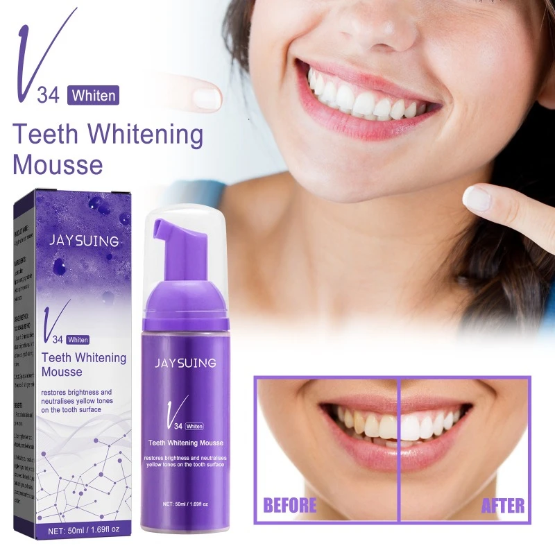 V34 White Teeth Mousse Toothpaste Correction Yellow Teeth Brighten Cleaning Stains Bleed Oral Odor Fresh Purple Foam Toothpaste