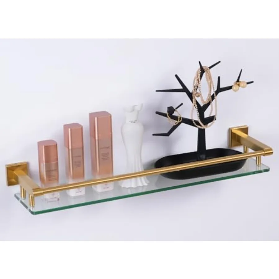 

Bathroom glass shelf: 24 inch rectangular tempered glass on brushed gold stainless steel wall mount for modern storage and orga