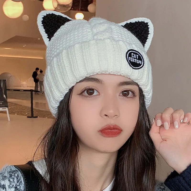 Cat Ears Knitted Bonnets for Women Cap Women\'s Autumn and Winter Korean-Style Fleece-Lined Warm Beanie All-Matching Cute Hat