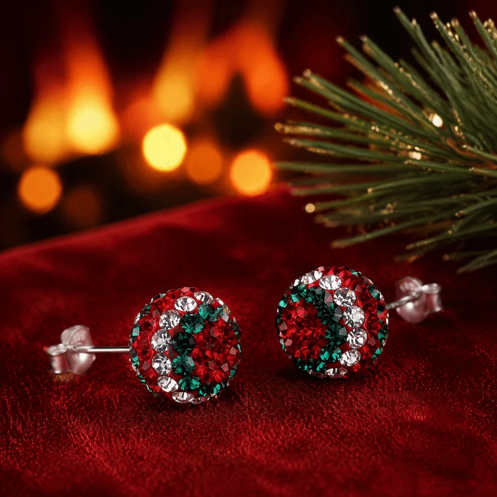 Red Enamel Christmas Stud Earrings Lightweight Sparkling Santa Hat Earrings Trendy Multicolor Rhinestone Ball Earrings Gift