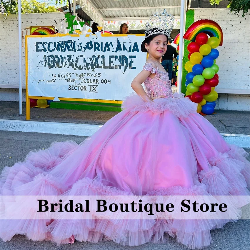 Luxury Pink Princess Flower Girl Dresses Luxury Applique Crystal Ruffles Tiered Lovely Infant Child Birthday Ball Gown Customsiz