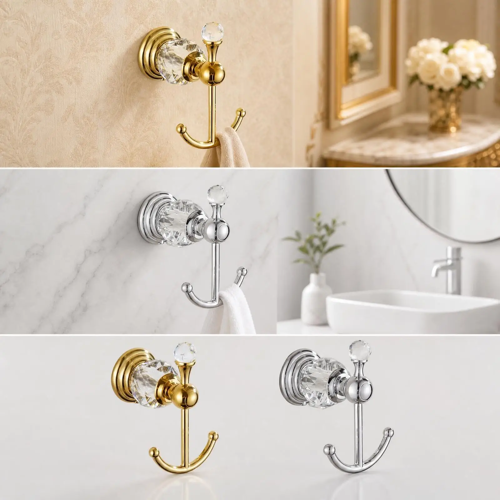 Anti Rust Steel Wall Hook with Crystal Accent Dual Curved Design for Organizing Clothes Towels in Compact Areas