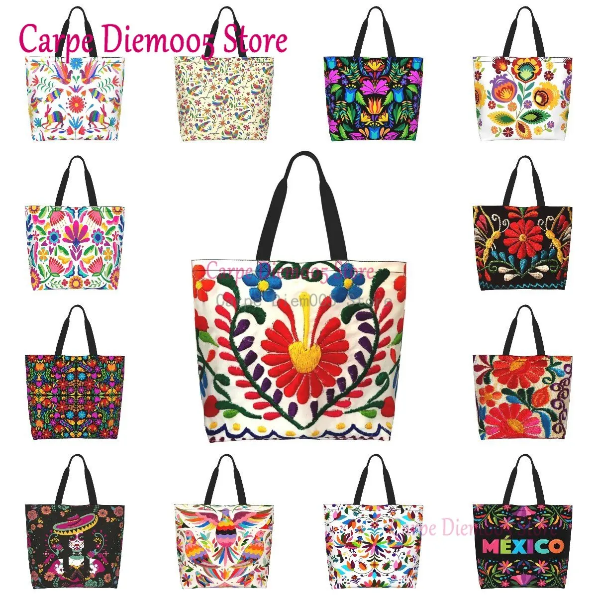 Women Shoulder Bag Mexican Flowers Large Capacity Shopping Grocery Tote Bag For Ladies