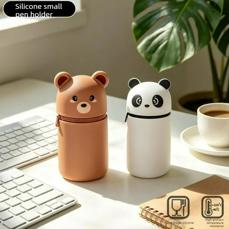 1 Cute Cartoon Panda Silicone Pencil Case, Standing Mini Animal Stationery Storage Bag, School Pencil Case Gift