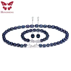 Natural Black Pearl Jewelry Sets For Women,Fashion Jewelry Dangle Earrings&Bracelet&Necklace,Rice Shape 8-9mm Pearl Star Zircon